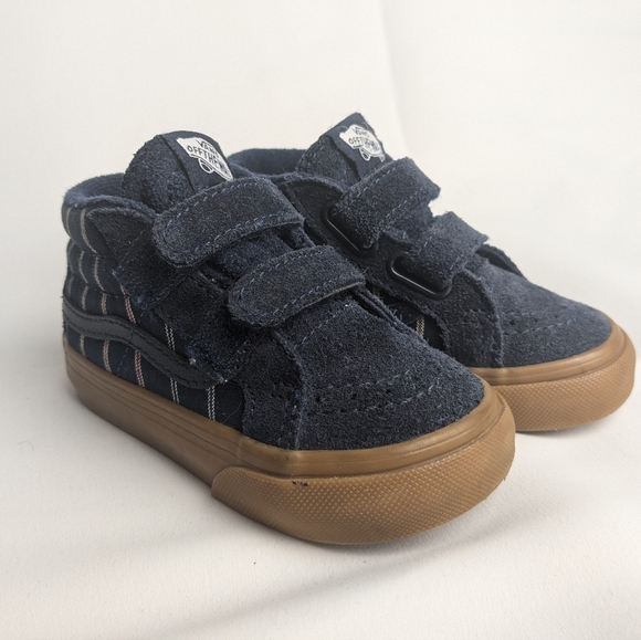 VANS Sk8 Kid Shoes Mid Size 6 Blue Suede Tan Soles 2 Velcros - Picture 4 of 10